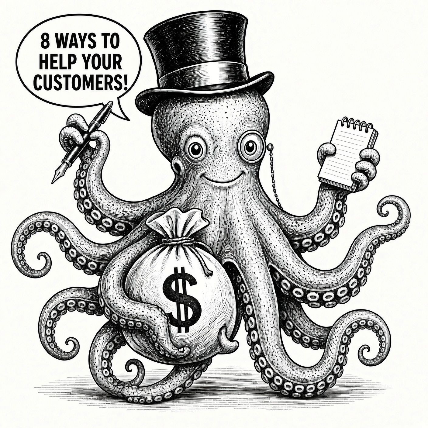 Engraving-style octopus mascot wearing a monocle and top hat, one arm holding a pen, one a notepad, one a money bag, announcing: 8 ways to help your customers!
